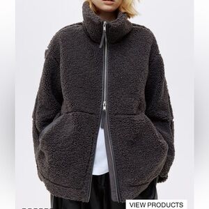 H&M Loose Fit Teddy Fleece Jacket in Dark Grey